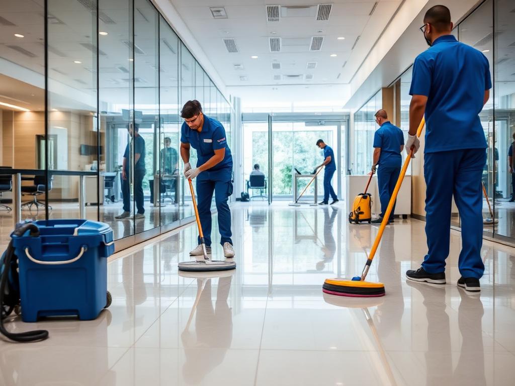 Uniformed cleaning crew polishing the floor of a bright corporate lobby