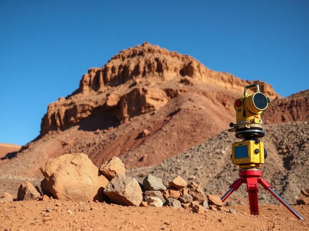 Mineral survey equipment at an open pit site with raw ore samples