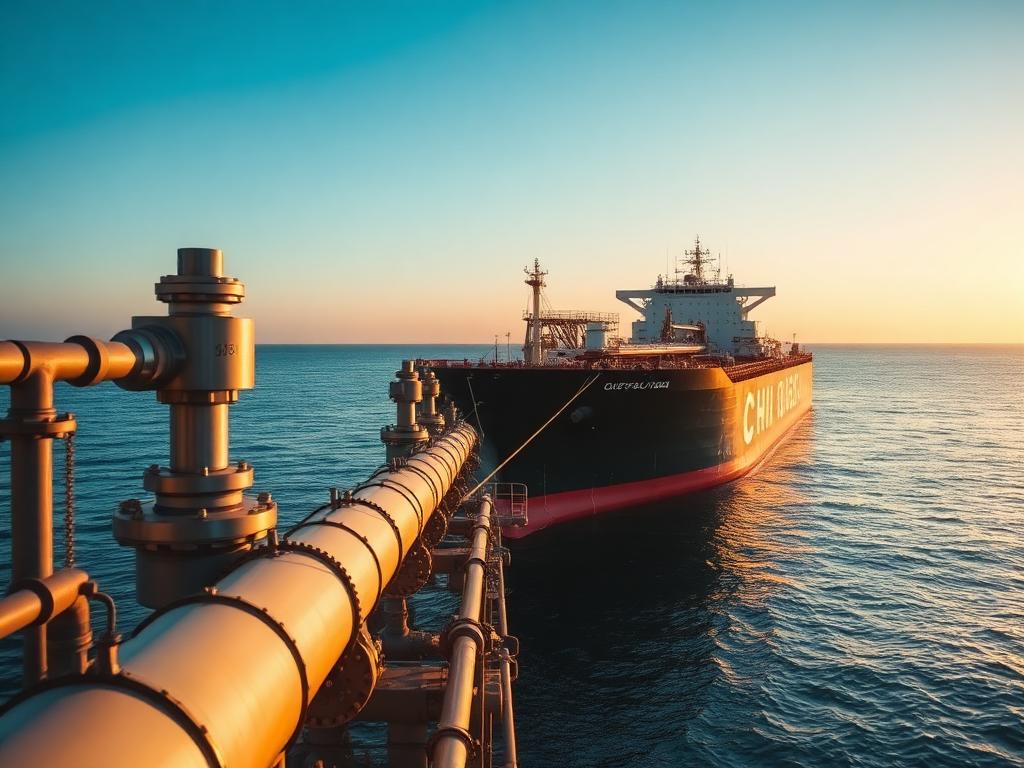 Crude oil tanker berthed at an export terminal with pipelines in the foreground