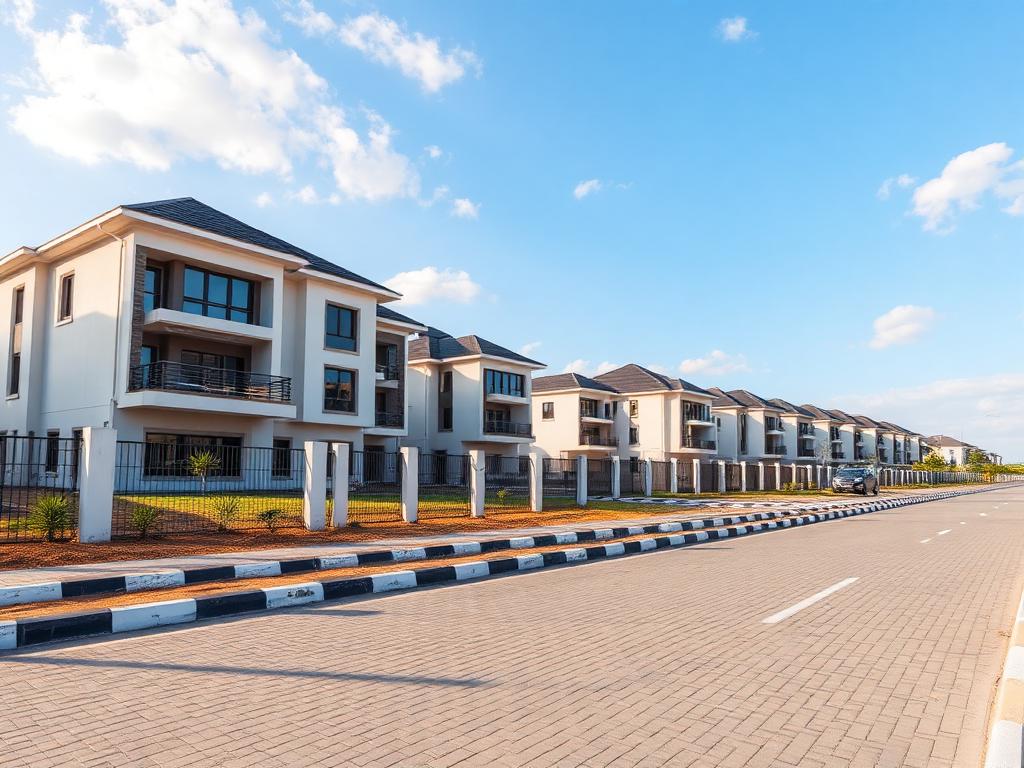 Newly developed residential estate with paved access road under a blue sky