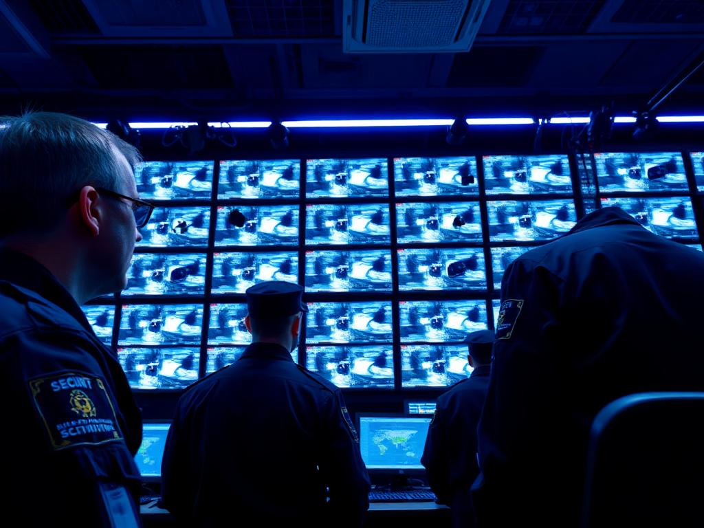 Security officers monitoring a wall of CCTV screens in a control room